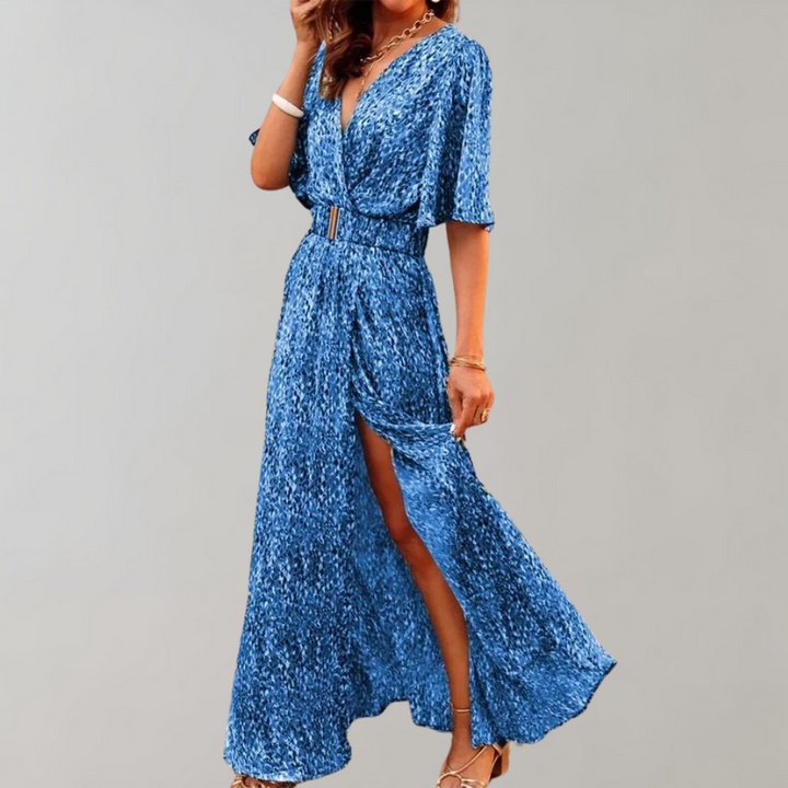 Levoire | Robe À Manches Courtes Ceinturée Robe D'Été Robe Du Dimanche Bleu