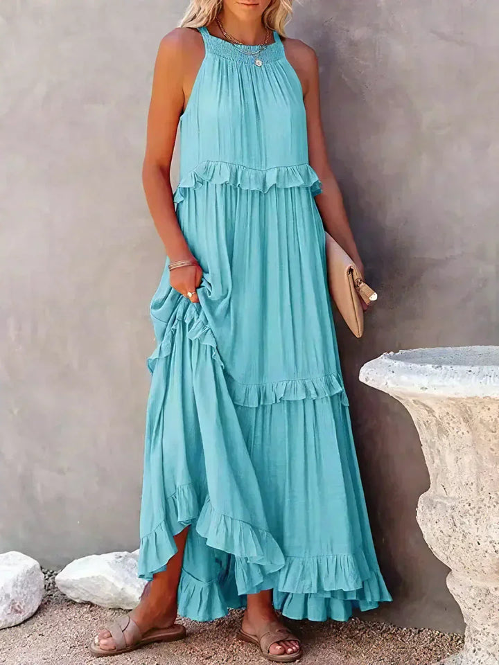 Levoire | Robe À Volants Halterneck Sans Manches Robe Fluide Robe De Plage Bleu ciel