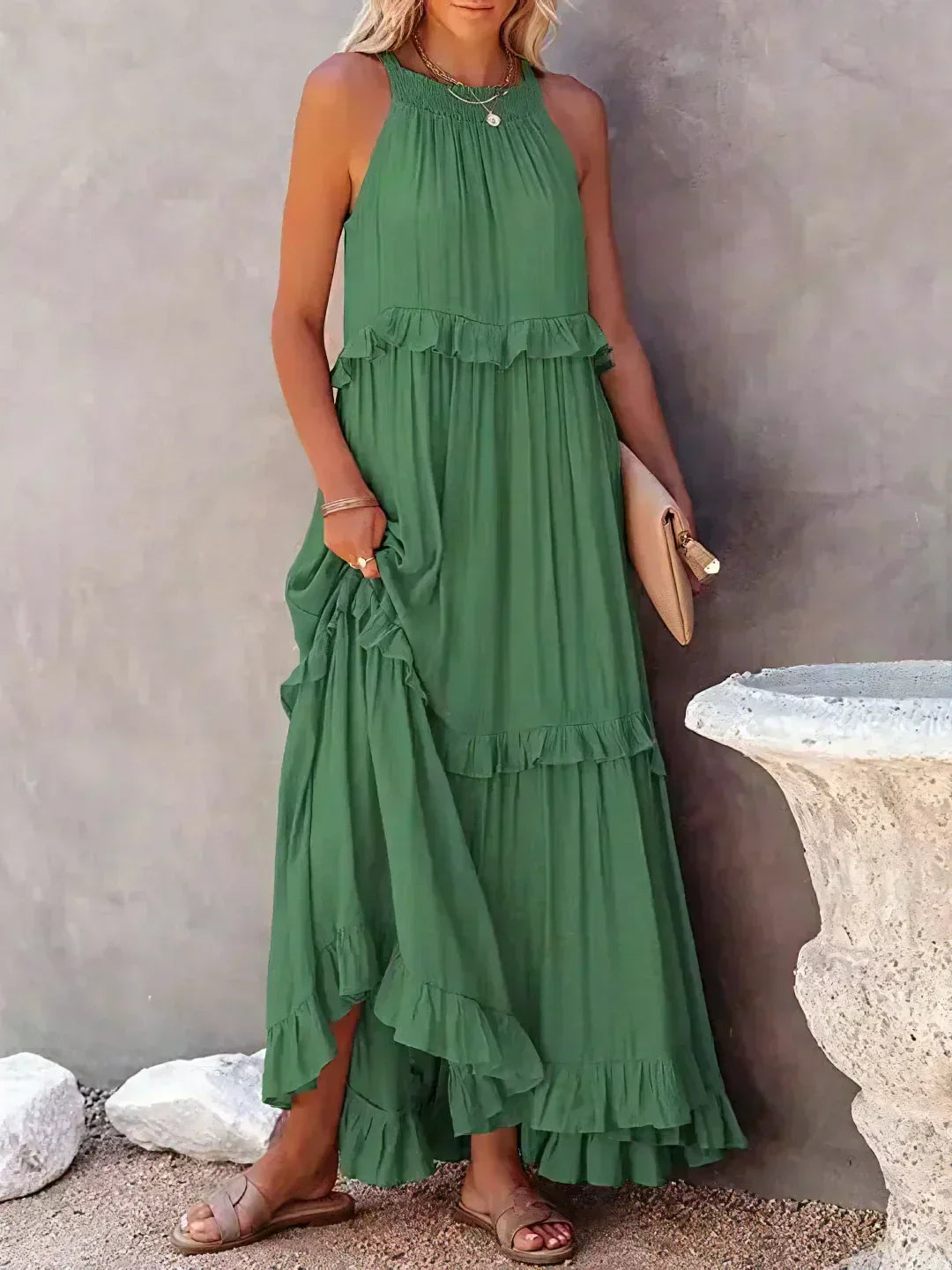 Levoire | Robe À Volants Halterneck Sans Manches Robe Fluide Robe De Plage Vert