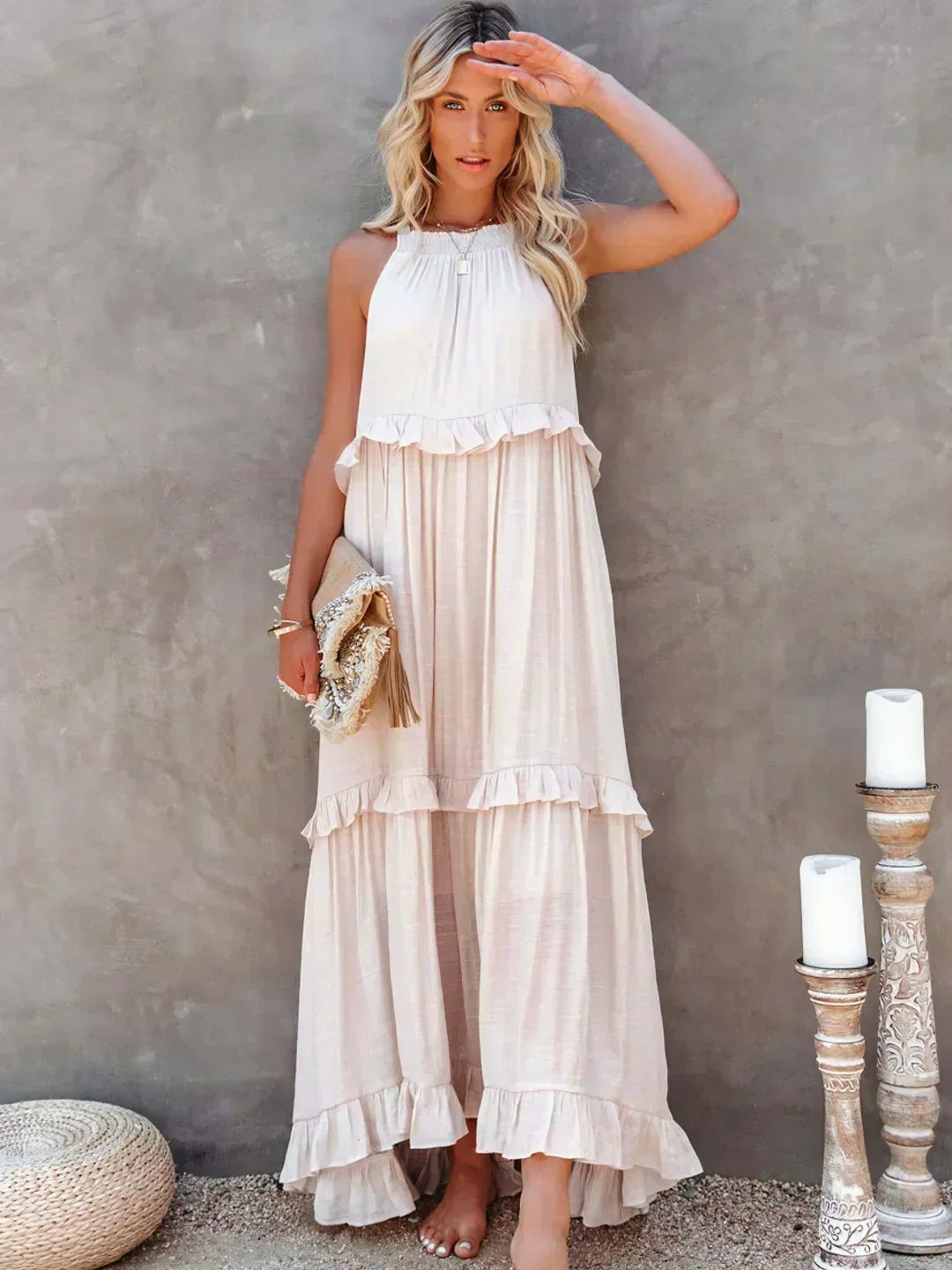 Levoire | Robe À Volants Halterneck Sans Manches Robe Fluide Robe De Plage Abricot