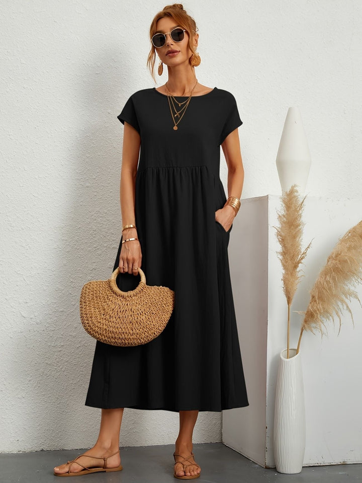 Levoire | Robe En Lin Fluide Élégante À Manches Courtes Pour Femmes Noir