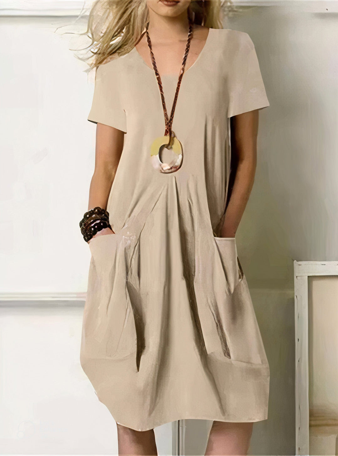 Levoire | Robe À Manches Courtes Coupe Décontractée Robe D'Été Robe De Loisirs Beige