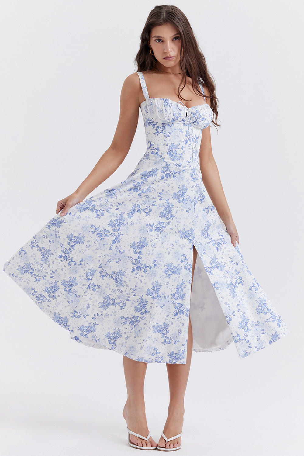 Levoire | Robe Sans Manches À Corsage Fleuri Été Blanc Bleu