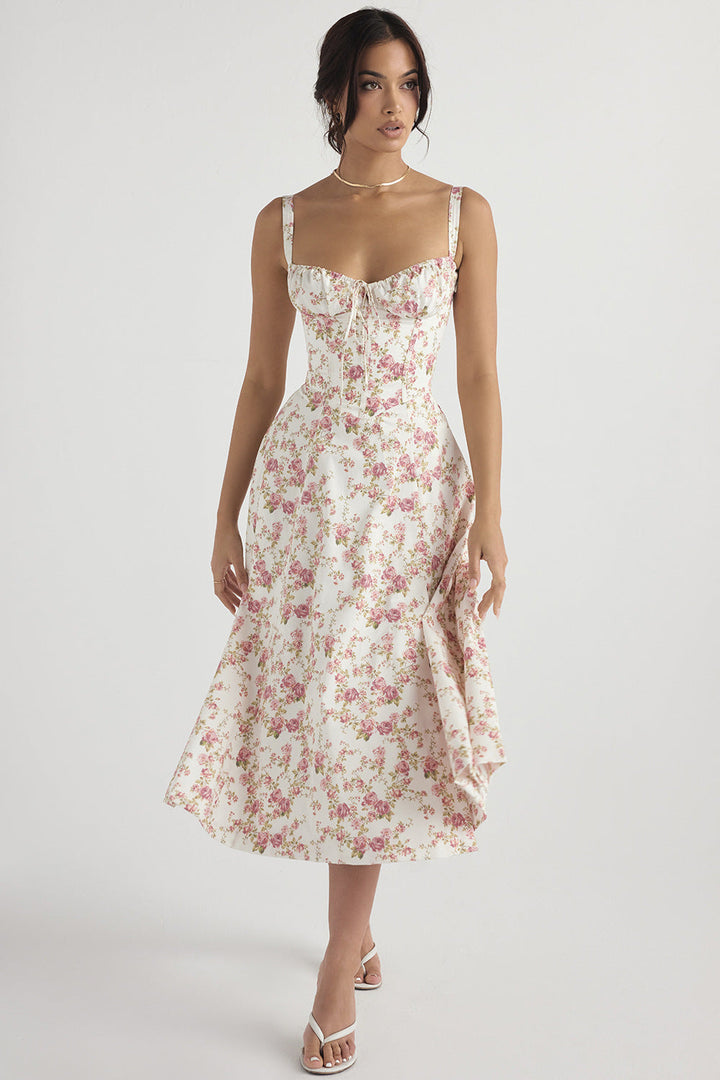 Levoire | Robe Sans Manches À Corsage Fleuri Été Blanc Rose