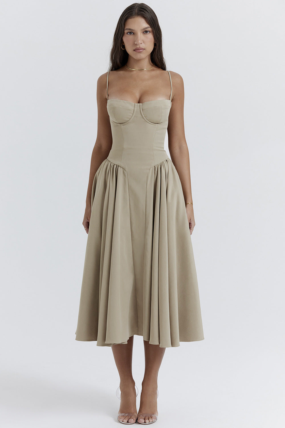Levoire | Robe Sans Manches À Bretelles Spaghetti Robe Corset Robe D'Été Kaki