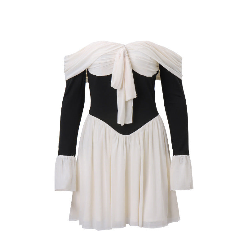 Levoire | Robe À Épaule Dénudée Noir Blanc Robe À Nœud Robe Avec Manches Longues