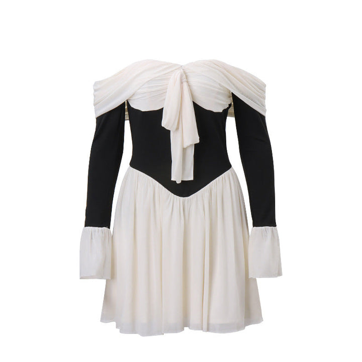 Levoire | Robe À Épaule Dénudée Noir Blanc Robe À Nœud Robe Avec Manches Longues
