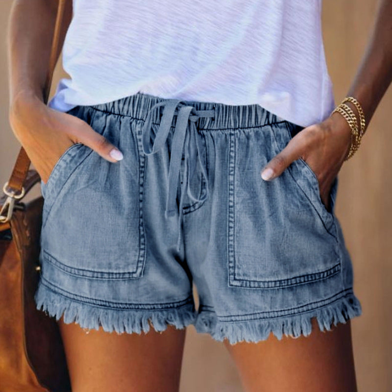 Levoire | Short En Denim À Taille Élastique, Sac À Dos, Vêtements D'Été Denim foncé