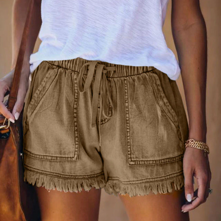 Levoire | Short En Denim À Taille Élastique, Sac À Dos, Vêtements D'Été Khaki
