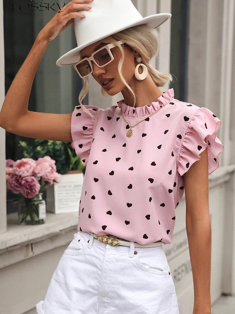 Levoire | Blouse Avec Motif Cœur Et Manches Froncées Rosa