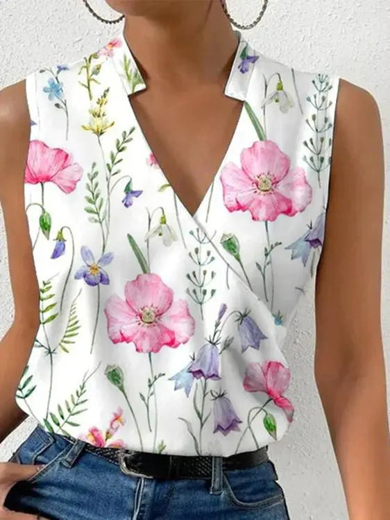 Levoire | Débardeur Col V Imprimé Blouse D'Été Fleurs 1