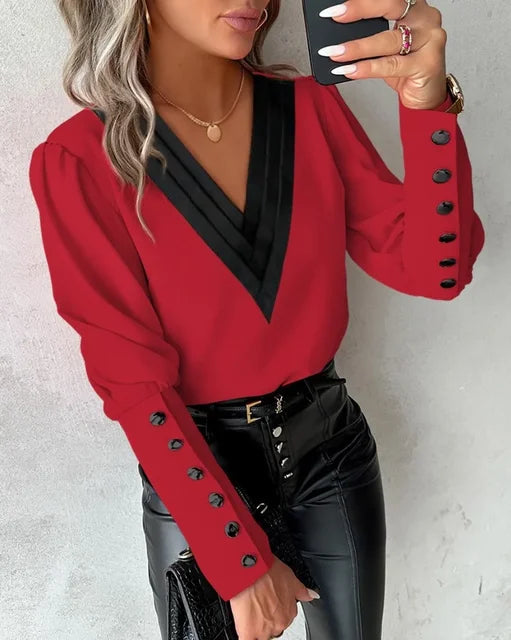 Levoire | Élégante Blouse À Décolleté En V Avec Des Manches Marquées Pour Femmes Rouge vin