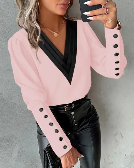 Levoire | Élégante Blouse À Décolleté En V Avec Des Manches Marquées Pour Femmes Rosa