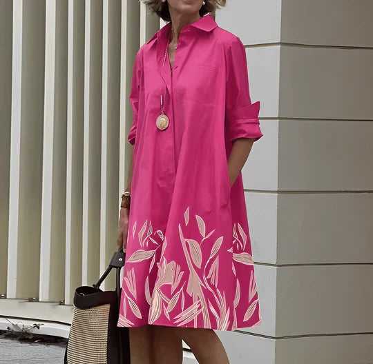 Levoire | Chemise Robe Avec Col Rabattu Et Manches Trois Quarts Rosa