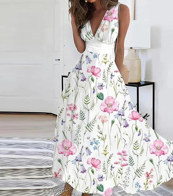 Levoire | Robe Maxi Colorée Tendance Avec Découpe En V Rose blanc