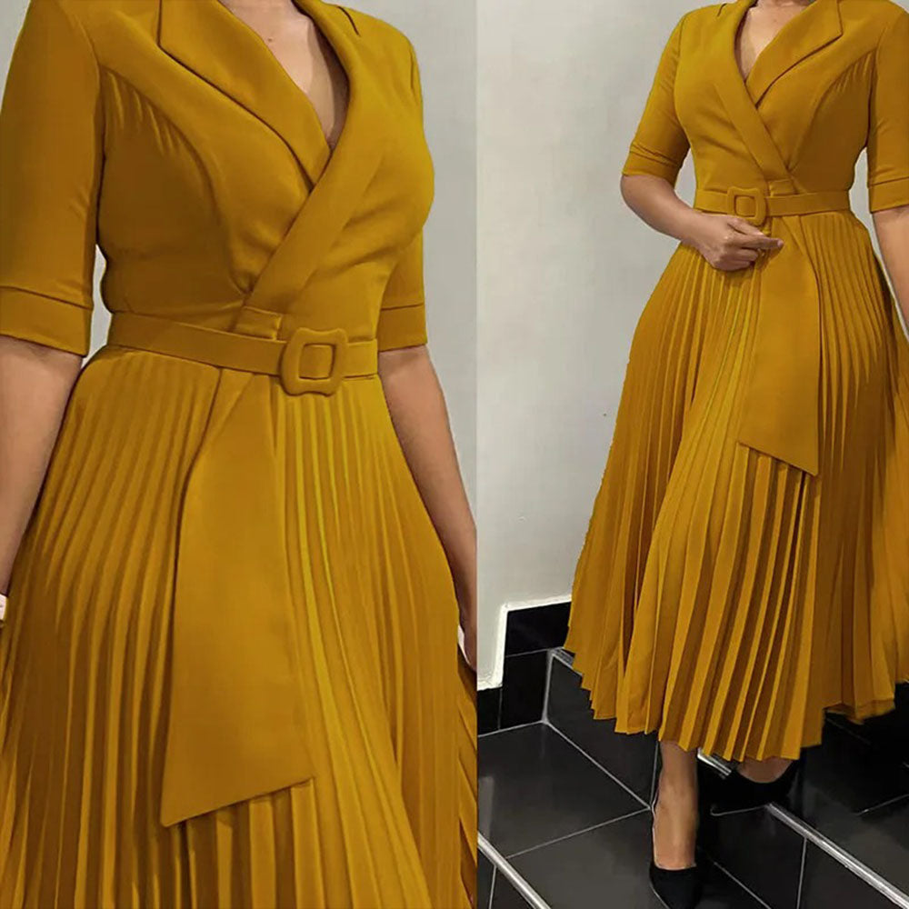 Levoire | Robe plissée à col en V à manches courtes avec ceinture boucle Jaune