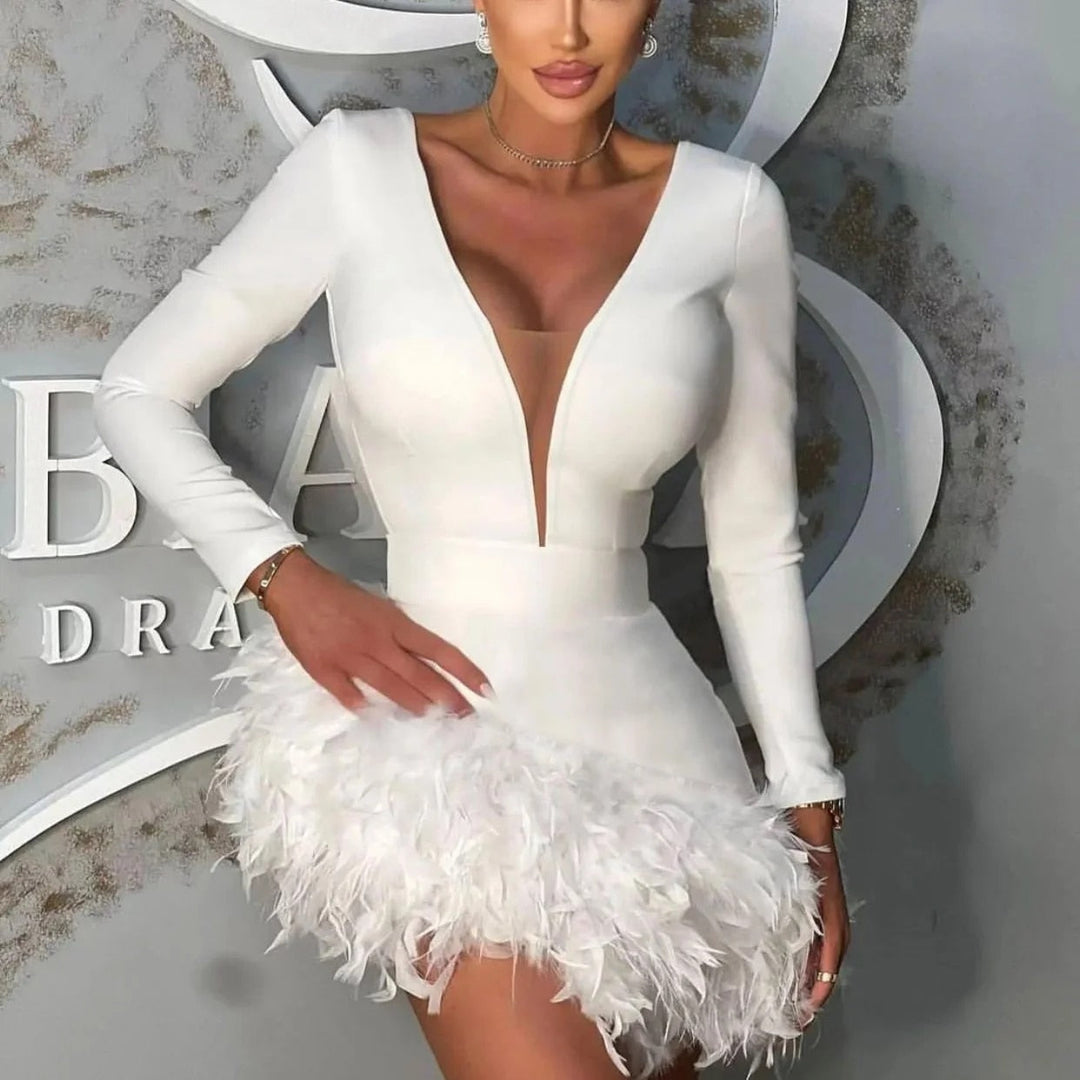 Levoire | Dyp V-Langermede Fjær Mini Robes Blanc