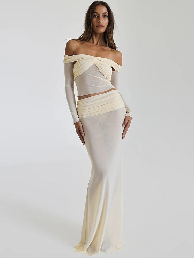 Levoire | Bustier Transparent Sans-Manches Ensemble Crop Et Jupe Longue Blanc