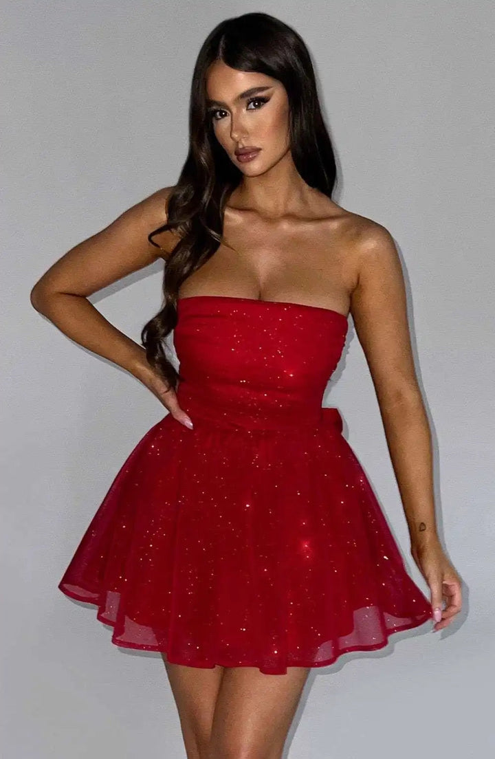 Levoire | Robe Mini À Bretelles Off-Shoulder En Maille Pailletée À Dos Ouvert Rot