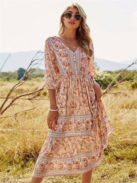 Levoire | Robe À Motifs Floraux Style Bohème Rosa