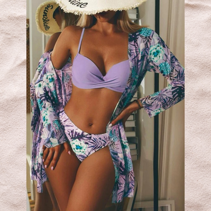 Levoire | Ensemble De Bikini Avec Imprimé Tropical Et Couverture Transparente Pour Femmes Lilas