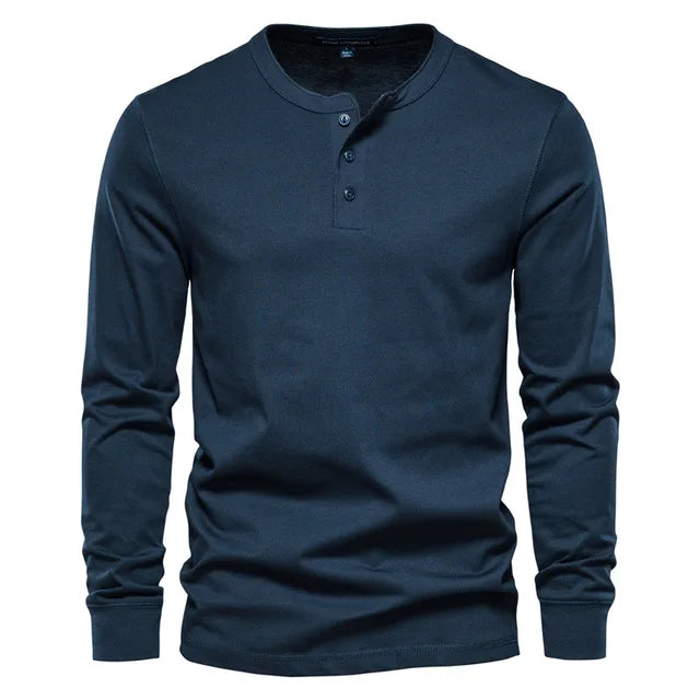 Levoire | T-Shirt À Manches Longues Henley Confortable Hommes Marine Bleu