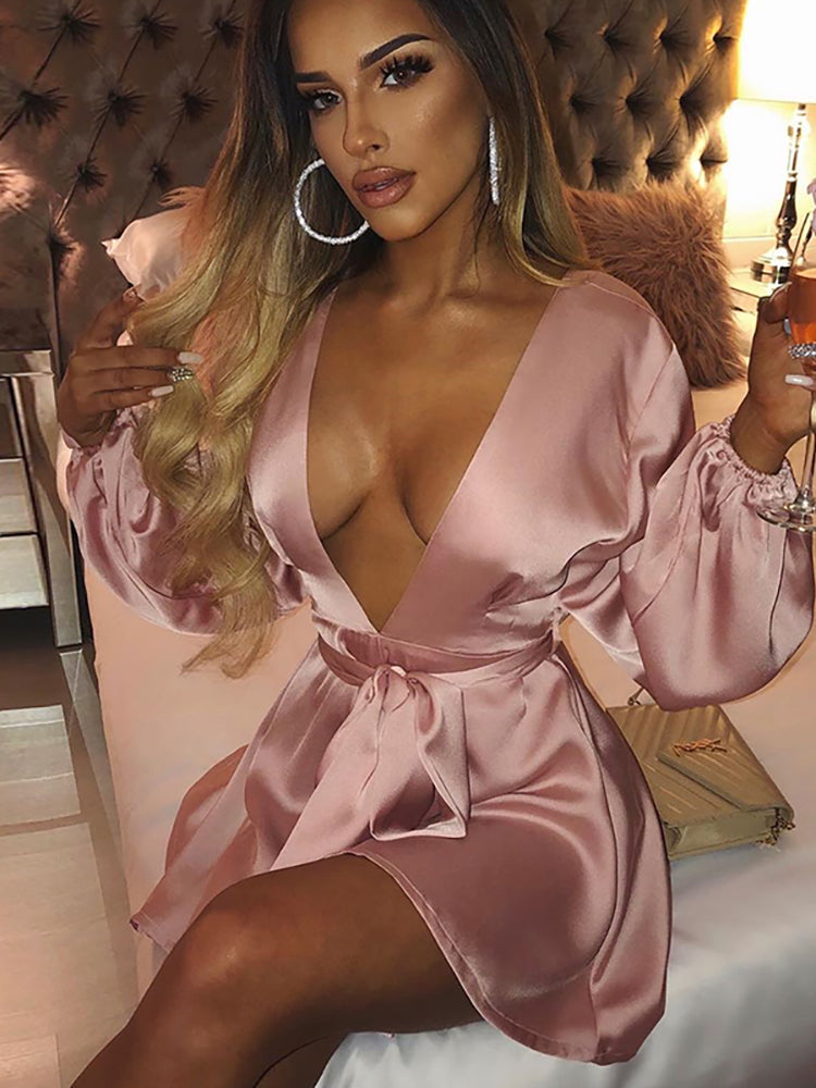 Levoire | Satin Profond V-Lanterne Avec Manches Robes Mini