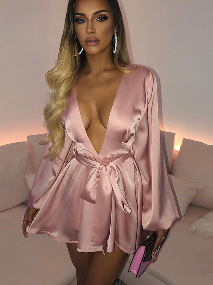Levoire | Satin Profond V-Lanterne Avec Manches Robes Mini Rosa