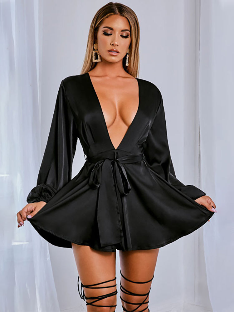 Levoire | Satin Profond V-Lanterne Avec Manches Robes Mini