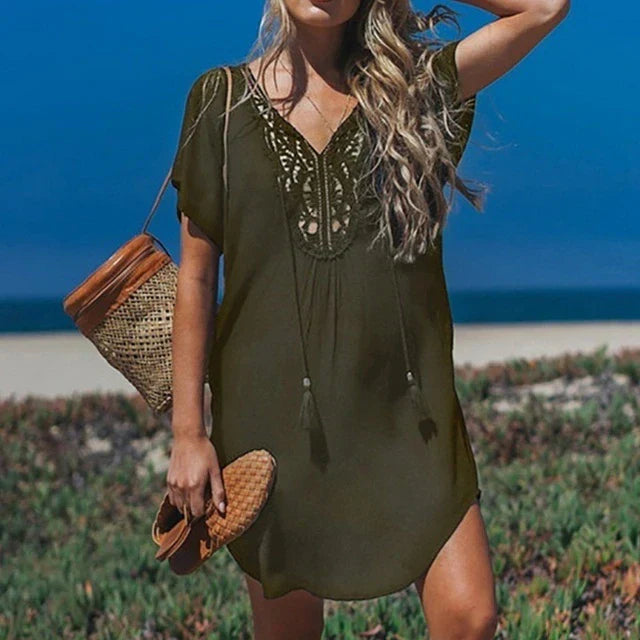 Levoire | Paréo De Plage Avec Décolleté En V Et Dentelle Pour Femmes Vert