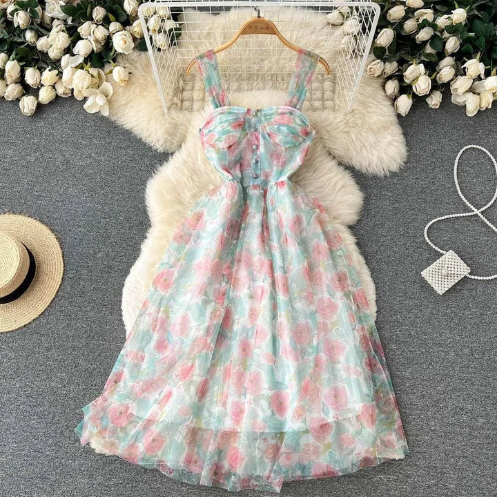Levoire | Robe à fleurs française Rotti avec le bas vert Taille libre