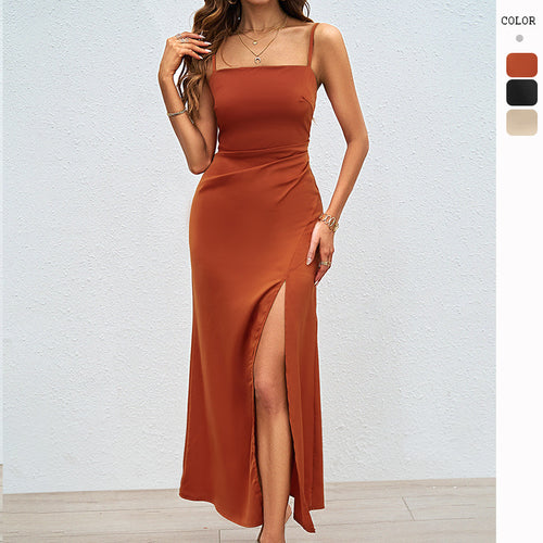 Robe maxi en satin élégante pour femmes avec fente haute et bretelles spaghetti Levoire