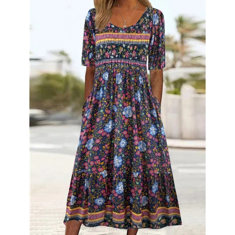 Levoire | Robe imprimée Col rond Robe à manches courtes 3-Colonne d'impression en profondeur