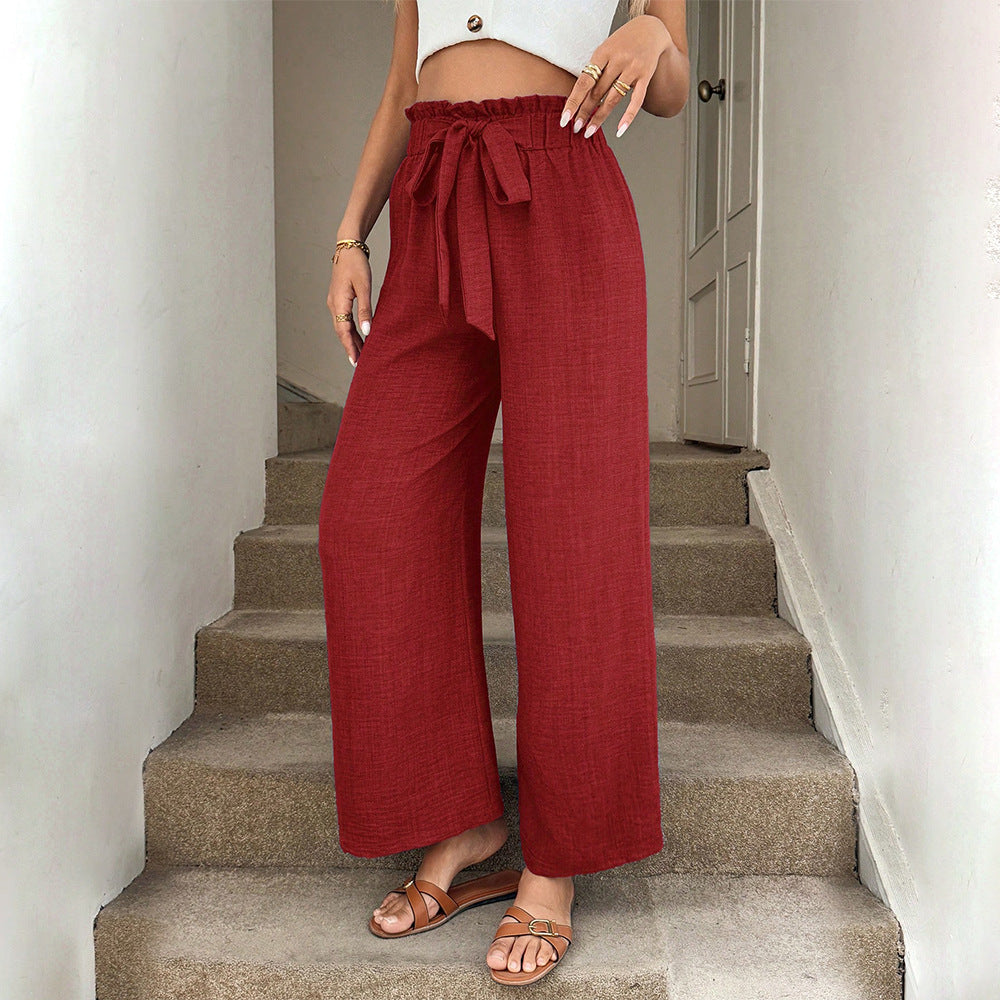 Pantalons en tissu large décontractés pour femmes avec taille élastique et ceinture à nouer Levoire