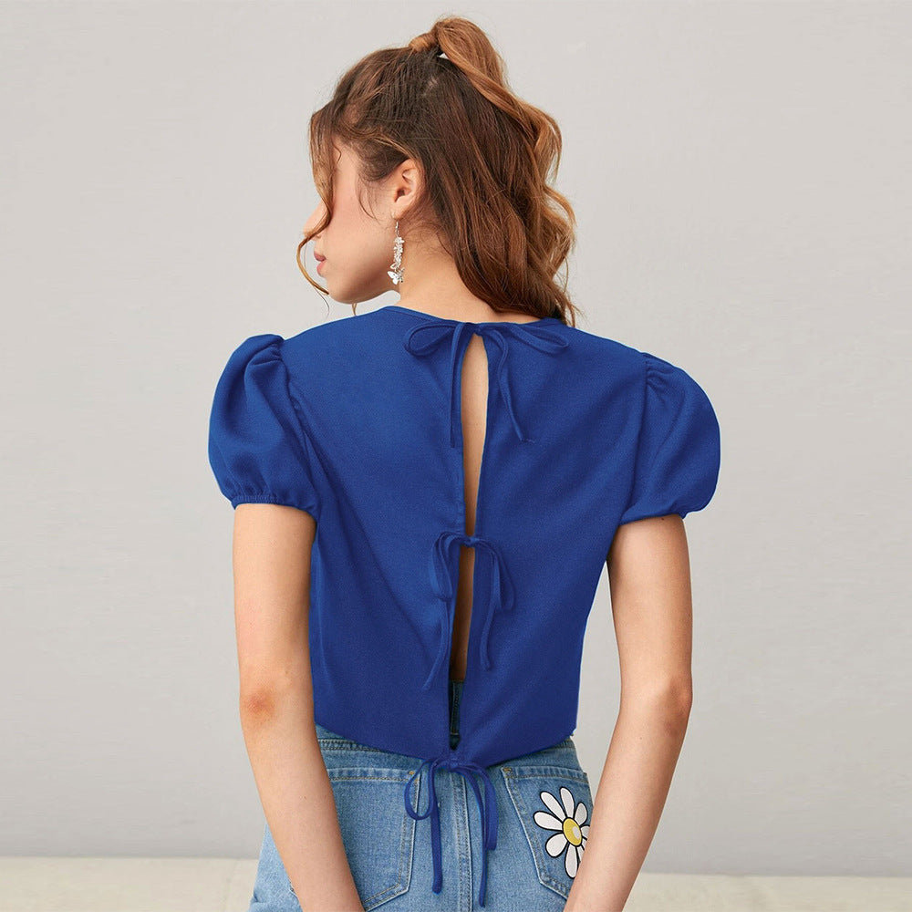 Femme Top Court avec Manches Bouffantes et Col Rond Doux Levoire