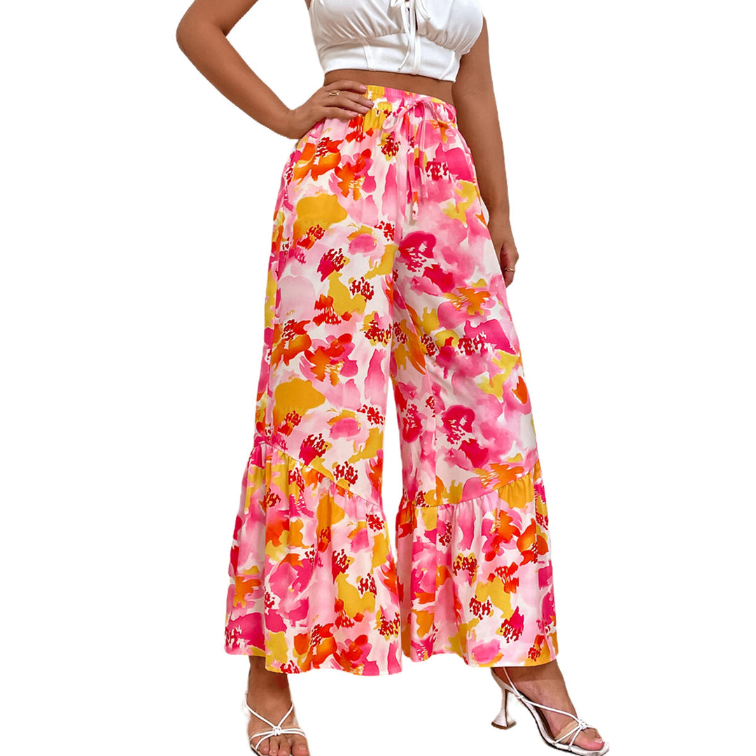 Pantalon Palazzo large pour femmes avec un design floral coloré et des détails en volants Levoire