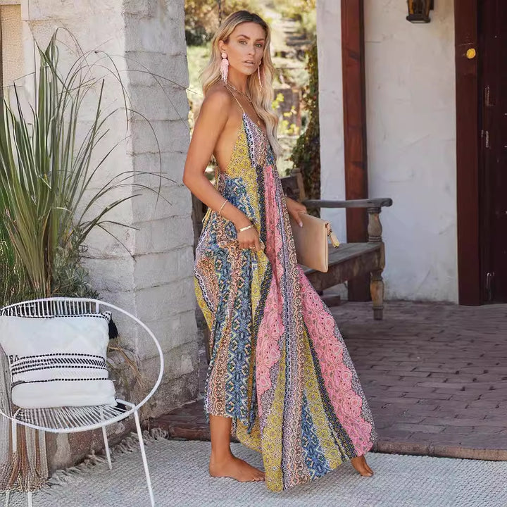 Robe maxi pour femmes avec un motif unique multicolore et des bretelles spaghetti réglables Levoire