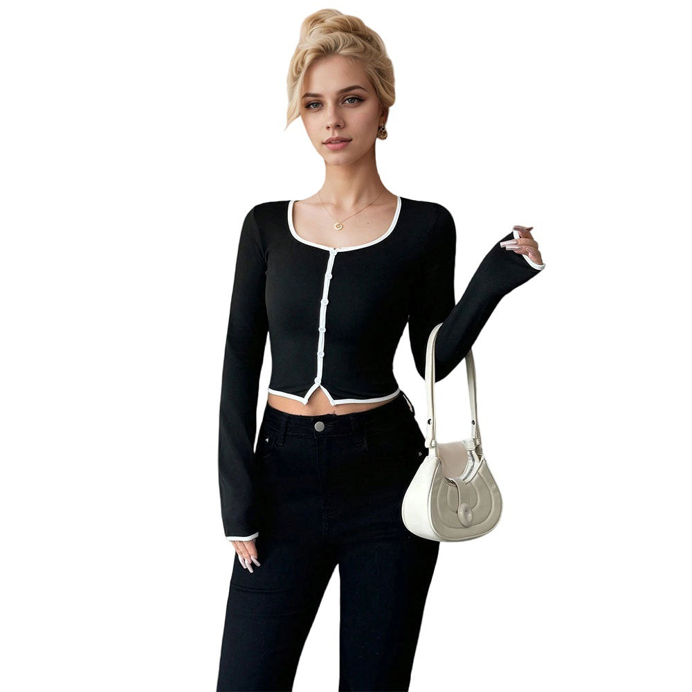 Chemise femme à manches longues cropped avec un design de boutons fins et un ourlet contrasté Levoire