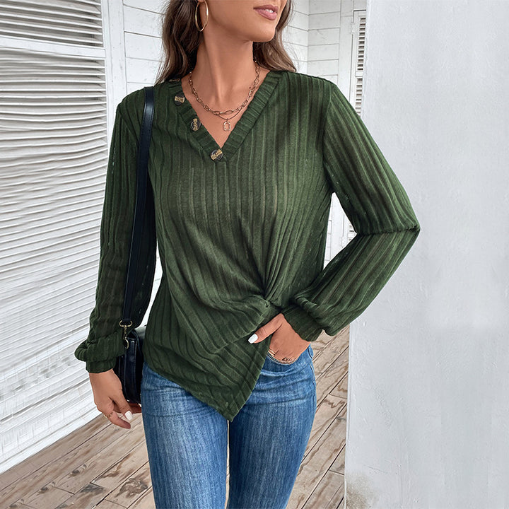 Chemise à manches longues à la mode pour femmes avec décolleté en V et boutons décoratifs Levoire
