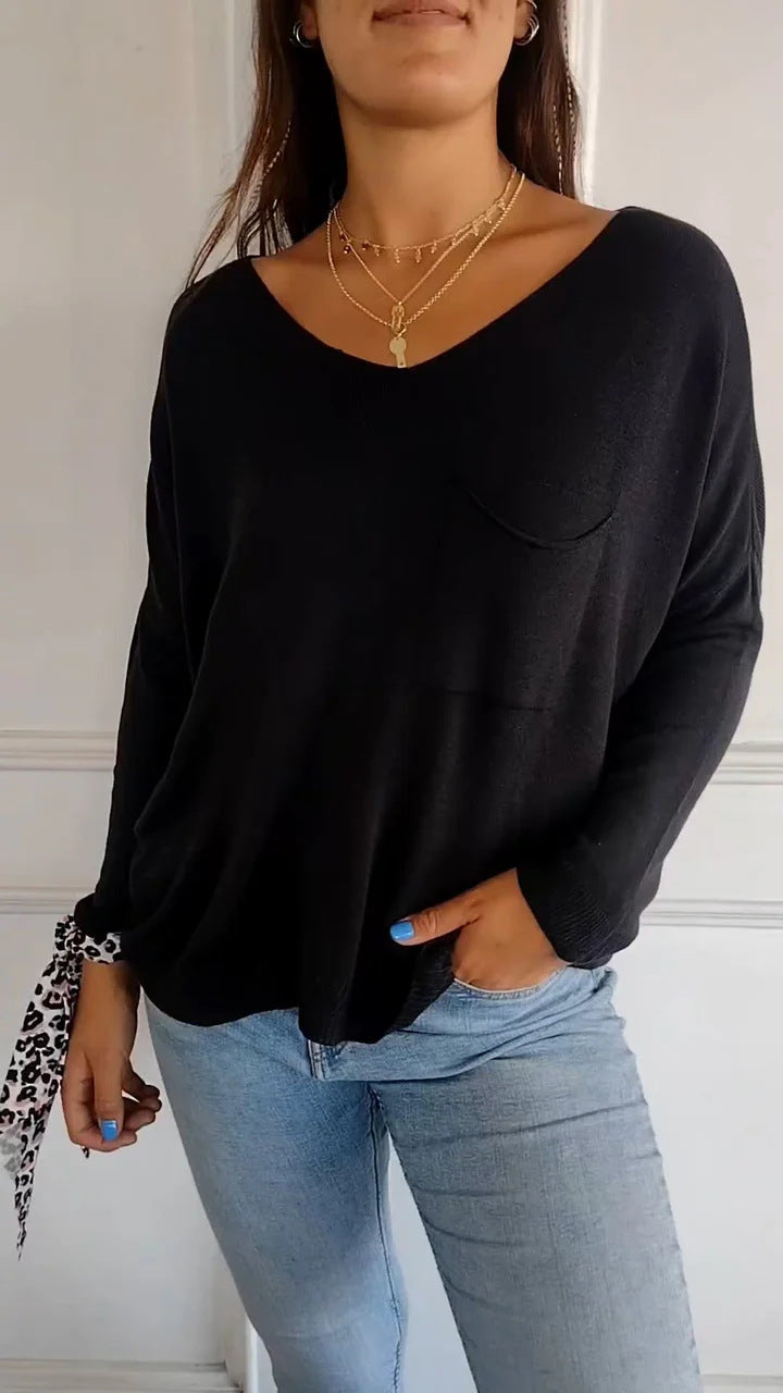 Levoire | T-shirt femme unie à col rond avec poches et manches longues noir