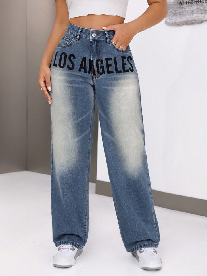 Jeans à coupe large pour femmes avec lettrage stylé Levoire