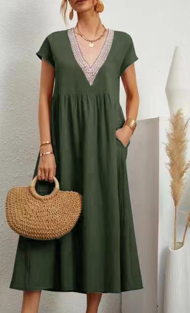 Levoire | Robe À Poches, À Manches Courtes, Ample, Avec Décolleté En V En Coton Et Lin Vert