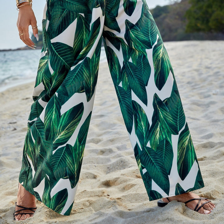 Pantalons de plage amples pour femmes avec motif de feuilles tropicales et taille élastique Levoire