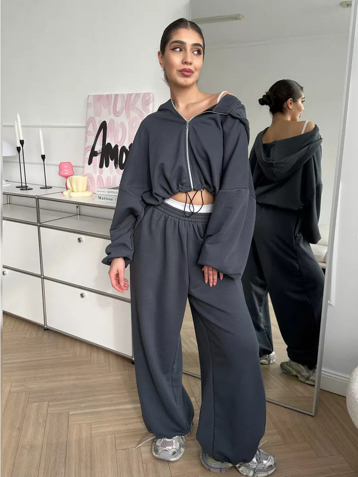Levoire | T-shirt à capuche confortable Pantalons élastiques Ensemble Gris foncé