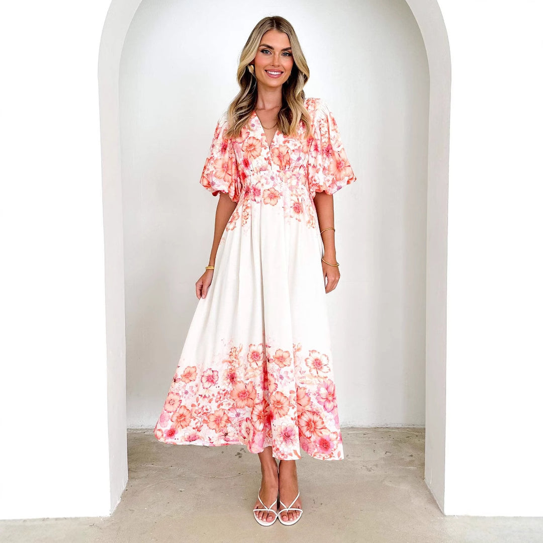 Robe maxi pour femmes avec manches bouffantes volumineuses et design floral Levoire