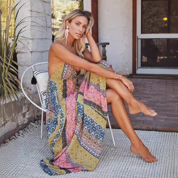 Robe maxi pour femmes avec un motif unique multicolore et des bretelles spaghetti réglables Levoire