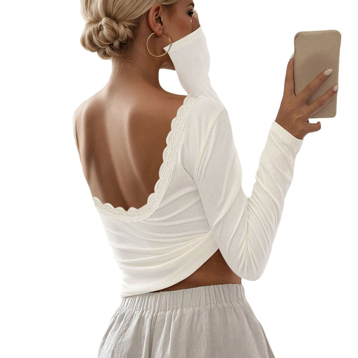 Chemise à manches longues pour femmes avec décolleté profond au dos et embellissement en dentelle élégante Levoire