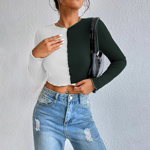 Chemise à manches longues cropped pour femme avec deux couleurs et un design en rib à la mode Levoire