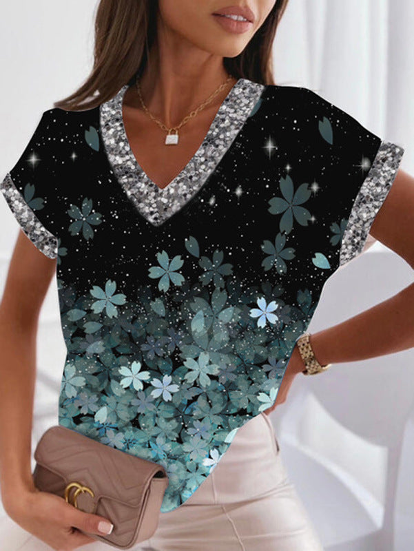 Levoire | T-shirt imprimé tendance à col en V et manches chauve-souris émeraude