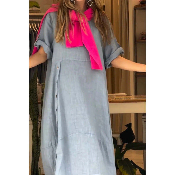 Levoire | Robe en coton-lin à manches courtes unie relaxante et ample Bleu clair